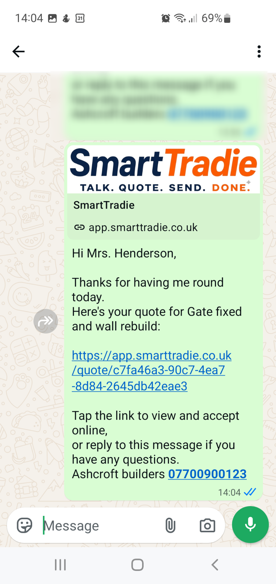 WhatsApp message sending the SmartTradie quote link